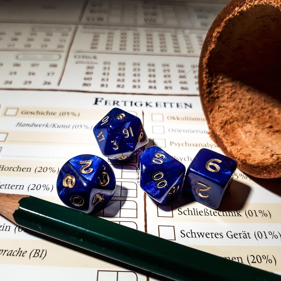 A set of polyhedral dice on a table